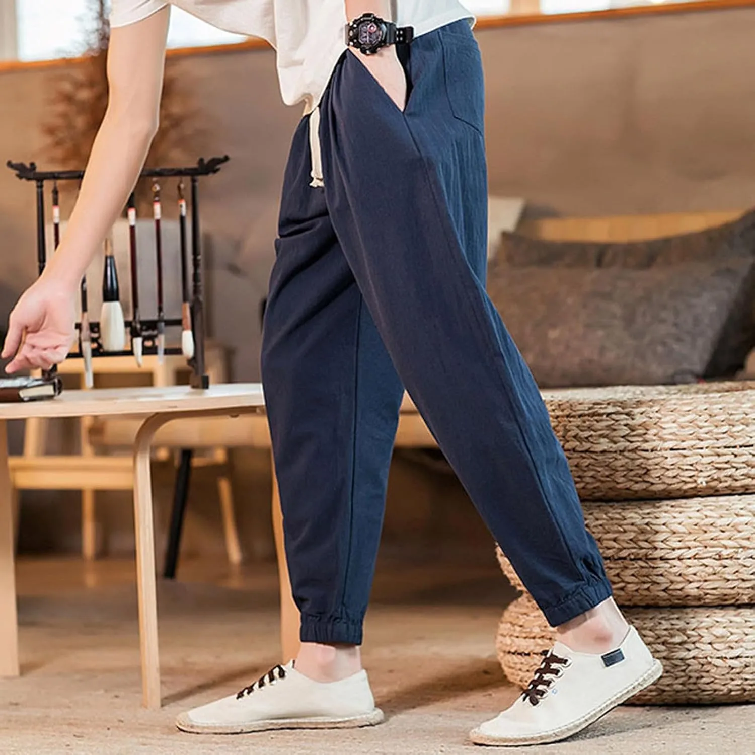 Mens Casual Cotton Linen Pants Big and Tall Elastic Drawstring Waist Pant Loose Comfy Summer Beach Pants Cinch Bottom