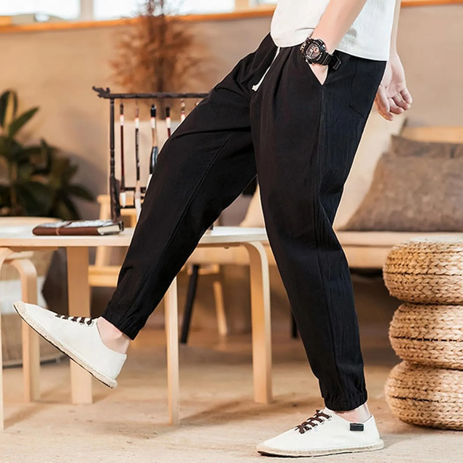 Mens Casual Cotton Linen Pants Big and Tall Elastic Drawstring Waist Pant Loose Comfy Summer Beach Pants Cinch Bottom
