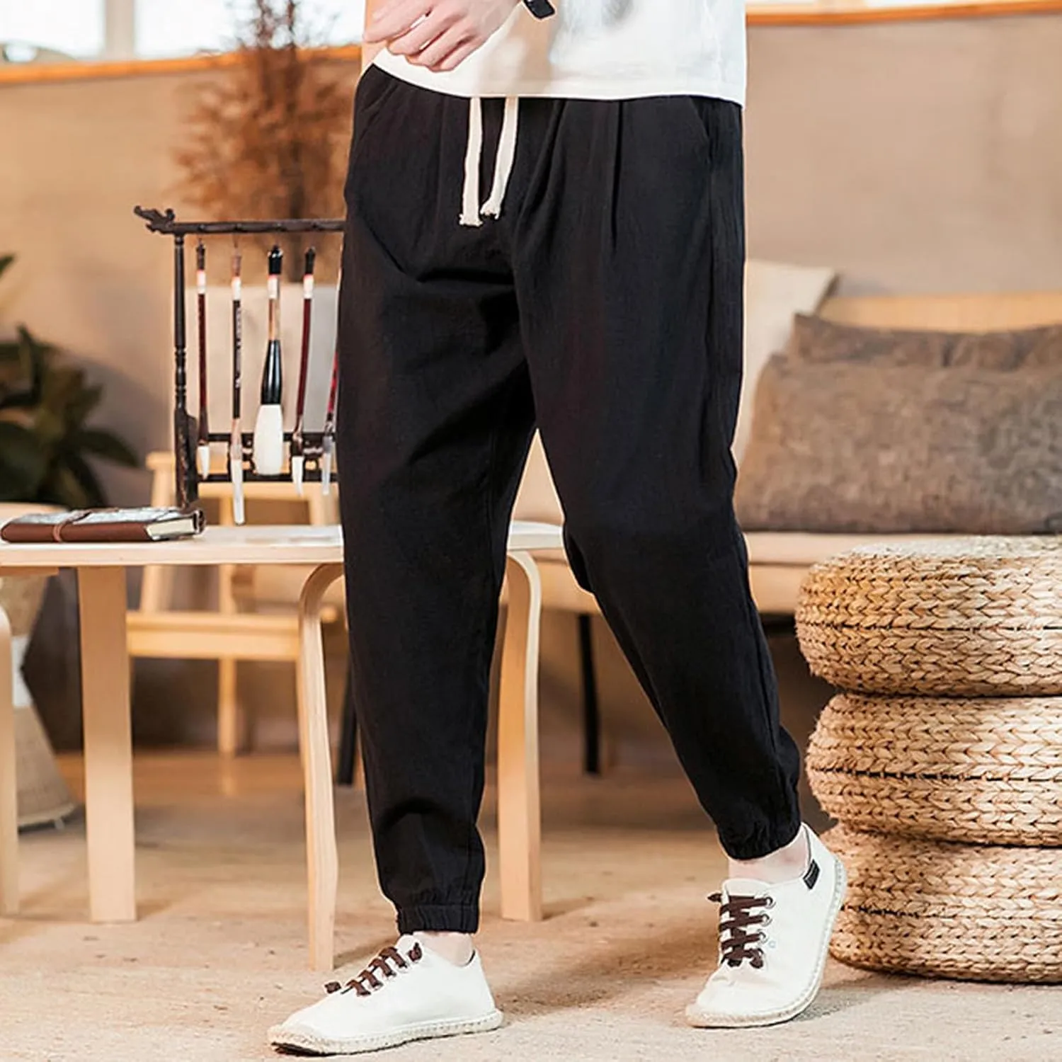 Mens Casual Cotton Linen Pants Big and Tall Elastic Drawstring Waist Pant Loose Comfy Summer Beach Pants Cinch Bottom