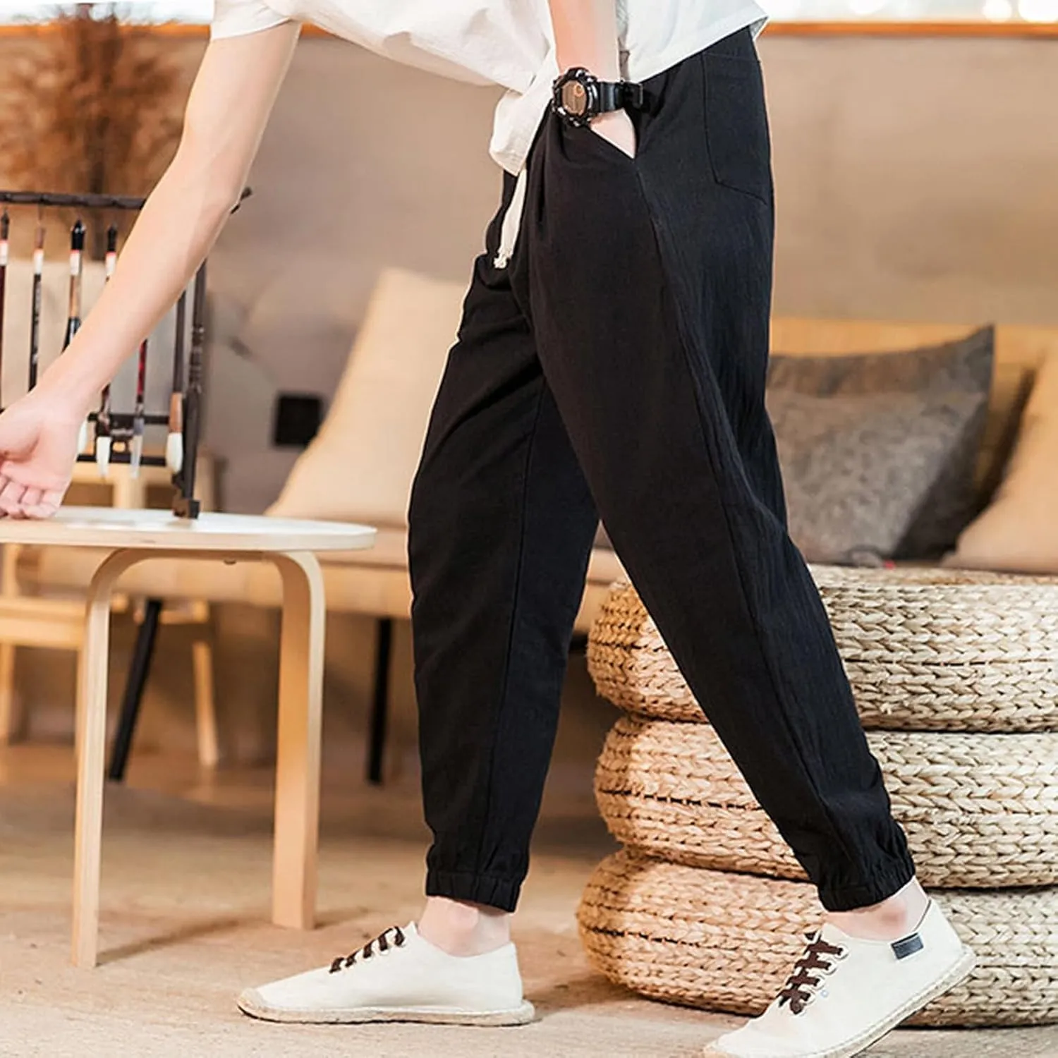 Mens Casual Cotton Linen Pants Big and Tall Elastic Drawstring Waist Pant Loose Comfy Summer Beach Pants Cinch Bottom