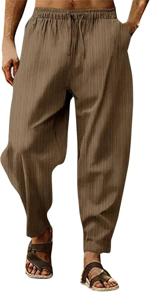 Mens Cotton Linen Drawstring Pants, Summer Elastic Waist Casual Slim Fit Jogger Yoga Pants Flexible Joggers Big and Tall