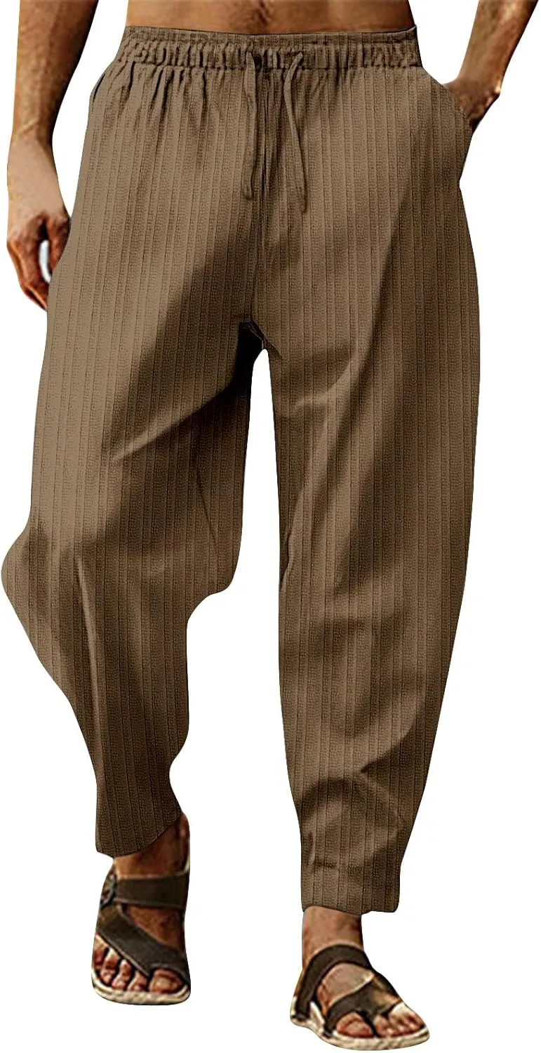 Mens Cotton Linen Drawstring Pants, Summer Elastic Waist Casual Slim Fit Jogger Yoga Pants Flexible Joggers Big and Tall