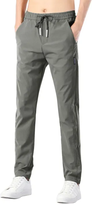 Mens Cotton Linen Pants Drawstring Elastic Waist Straight Leg Pant Workout Sport Pants Multi-Pocket Trousers