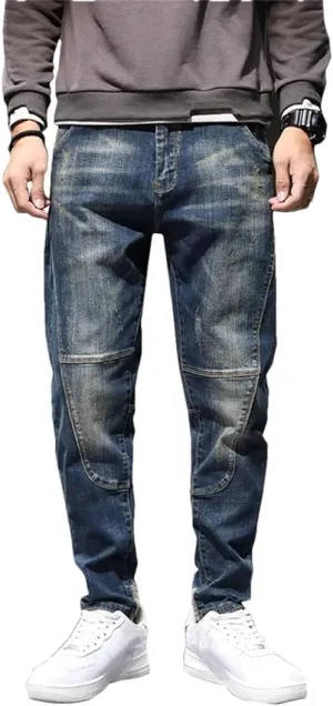 Men's Hip Hop Harem Pants Denim Trousres Loose Fit Retro Blue Streetch Patchwork Jeans Pants