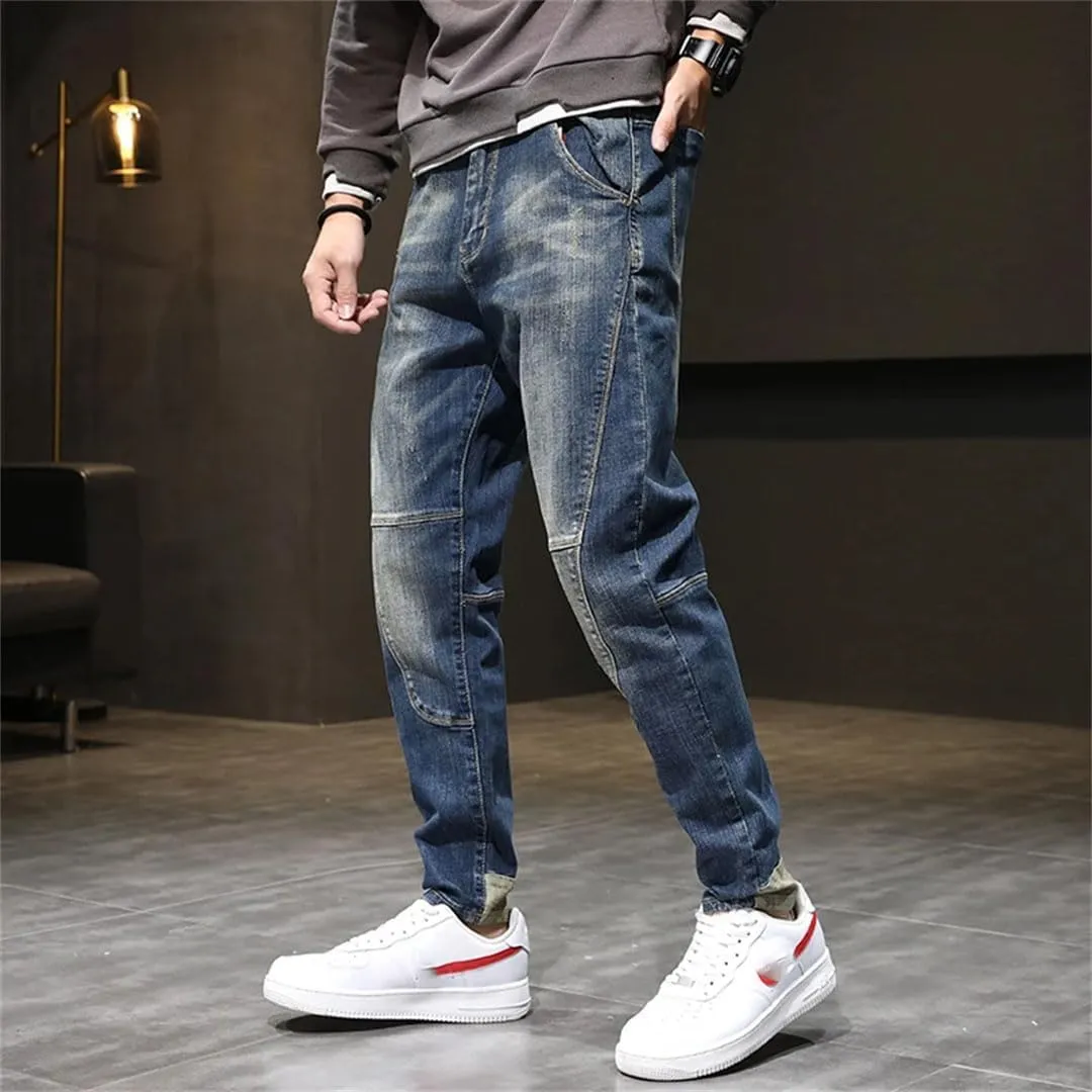 Men's Hip Hop Harem Pants Denim Trousres Loose Fit Retro Blue Streetch Patchwork Jeans Pants