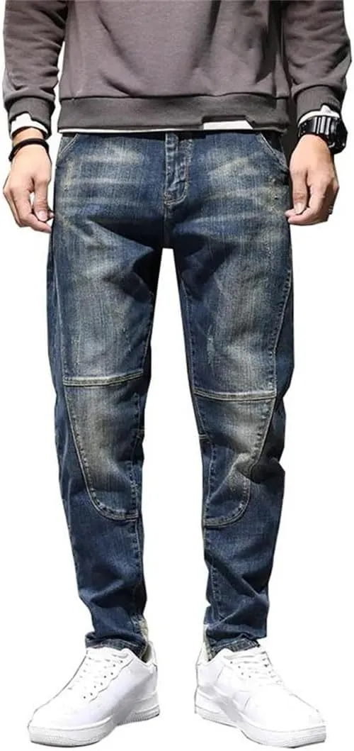 Men's Hip Hop Harem Pants Denim Trousres Loose Fit Retro Blue Streetch Patchwork Jeans Pants