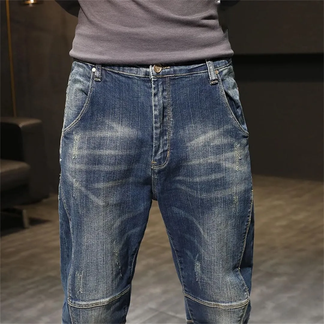Men's Hip Hop Harem Pants Denim Trousres Loose Fit Retro Blue Streetch Patchwork Jeans Pants