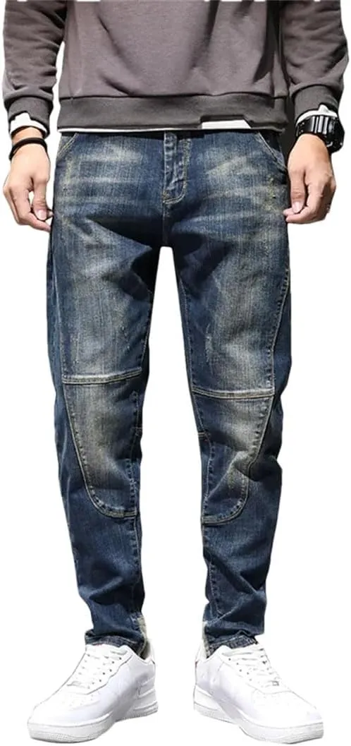 Men's Hip Hop Harem Pants Denim Trousres Loose Fit Retro Blue Streetch Patchwork Jeans Pants