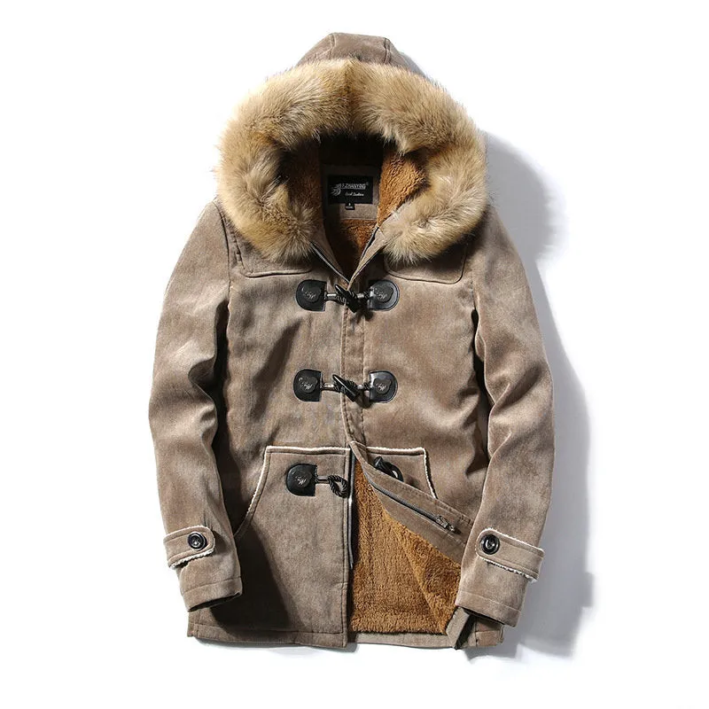 Men's Hooded Warm Winter Coats Thicken Fur Parkas Horn Buckle Pea Coat