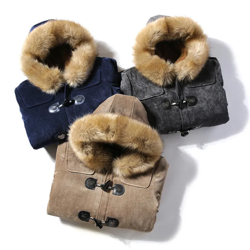 Men's Hooded Warm Winter Coats Thicken Fur Parkas Horn Buckle Pea Coat