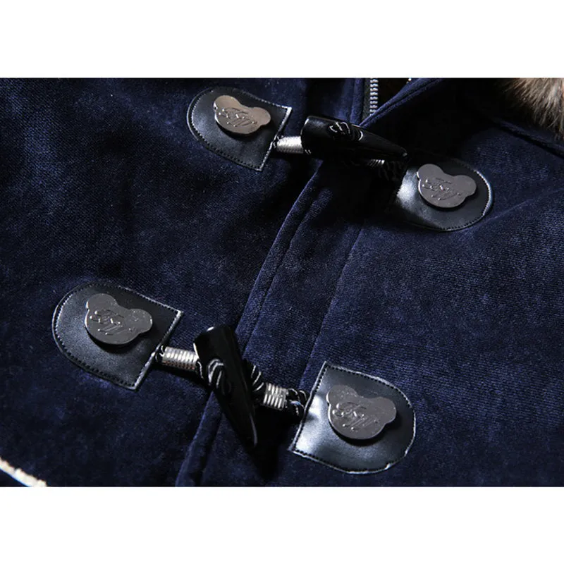 Men's Hooded Warm Winter Coats Thicken Fur Parkas Horn Buckle Pea Coat