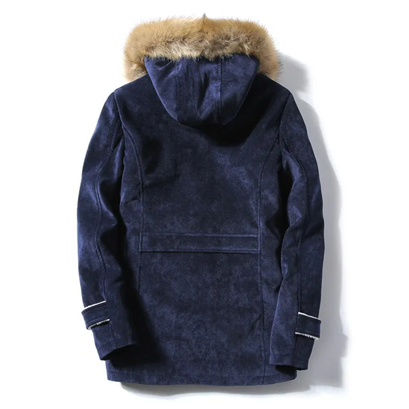 Men's Hooded Warm Winter Coats Thicken Fur Parkas Horn Buckle Pea Coat