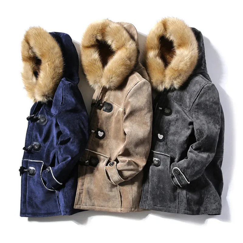 Men's Hooded Warm Winter Coats Thicken Fur Parkas Horn Buckle Pea Coat