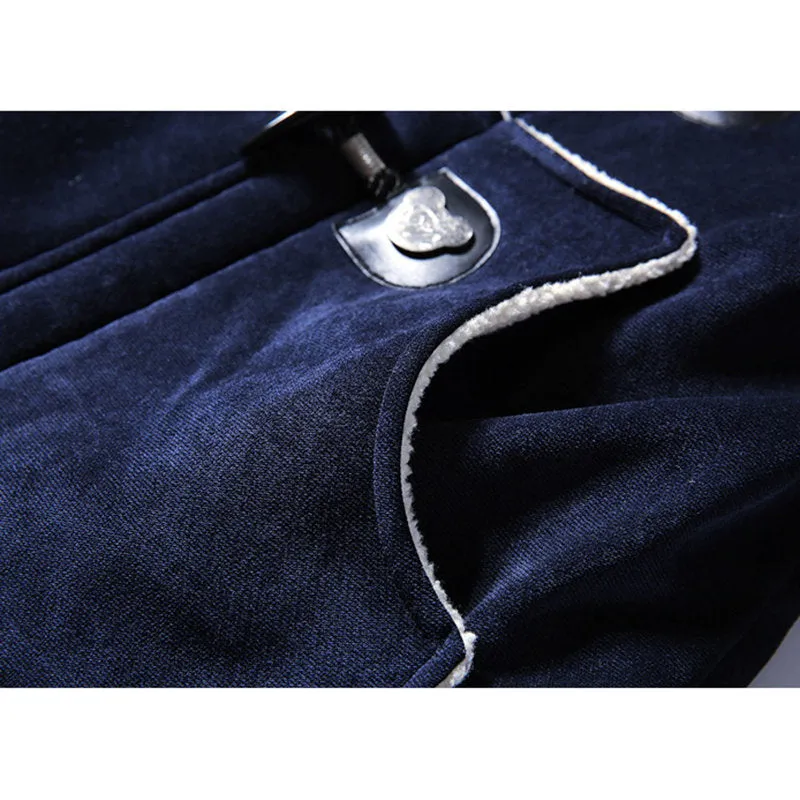 Men's Hooded Warm Winter Coats Thicken Fur Parkas Horn Buckle Pea Coat