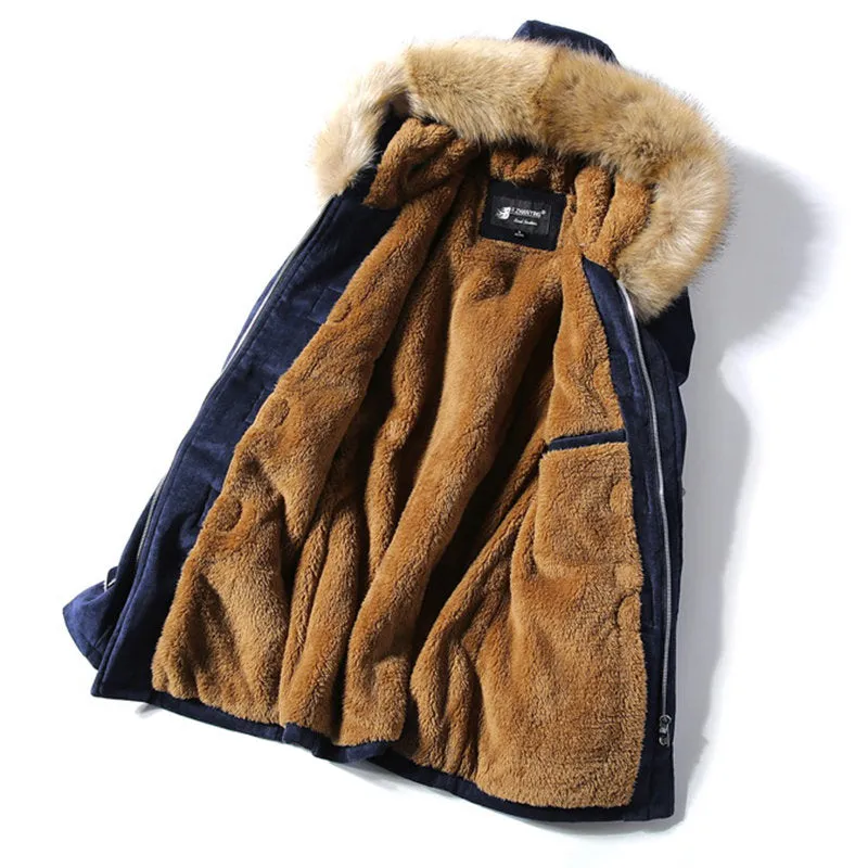 Men's Hooded Warm Winter Coats Thicken Fur Parkas Horn Buckle Pea Coat