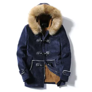Men's Hooded Warm Winter Coats Thicken Fur Parkas Horn Buckle Pea Coat