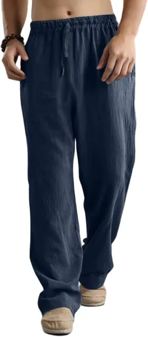 Mens Linen Sweatpants Drawstring Elastic Waist Casual Trendy Lightweight Pants Athletic Joggers Trousers with Pockets
