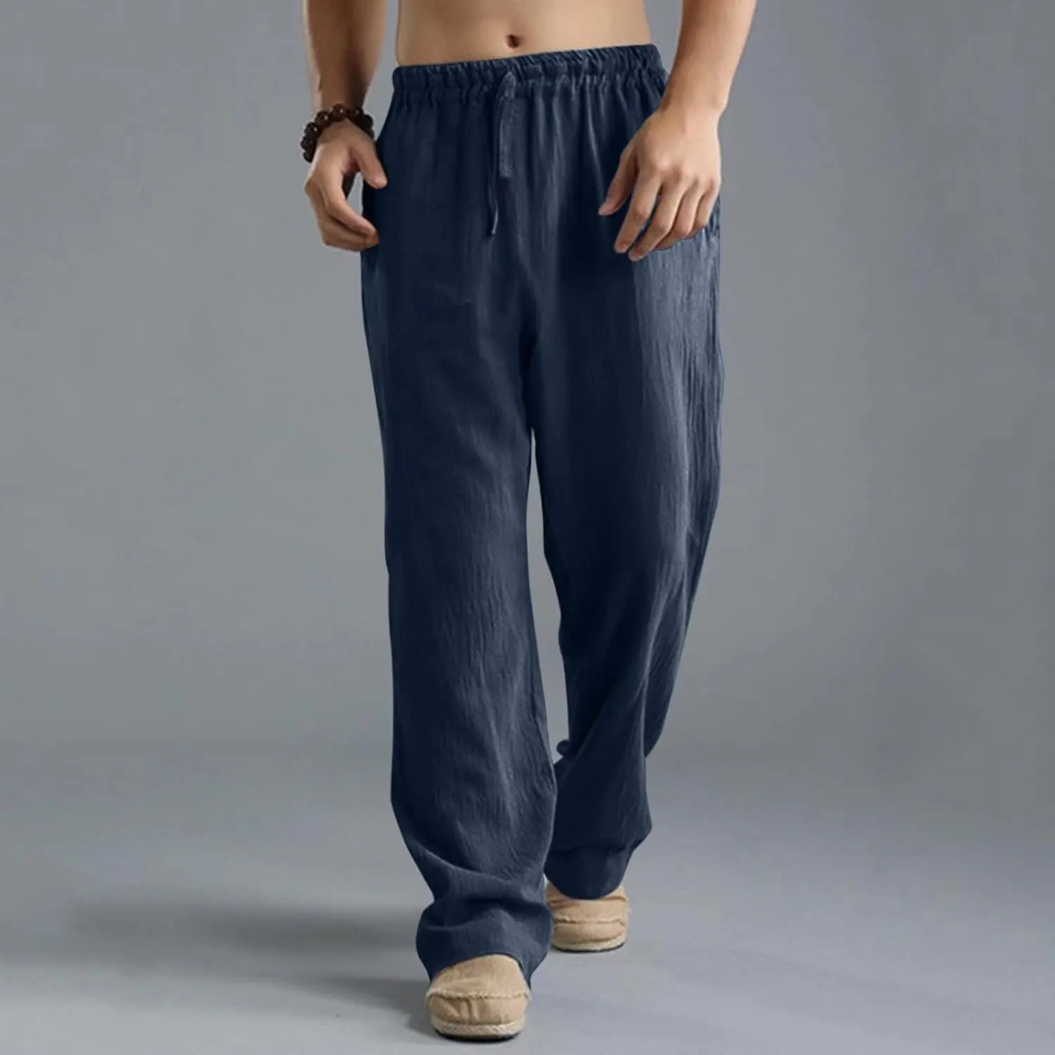 Mens Linen Sweatpants Drawstring Elastic Waist Casual Trendy Lightweight Pants Athletic Joggers Trousers with Pockets