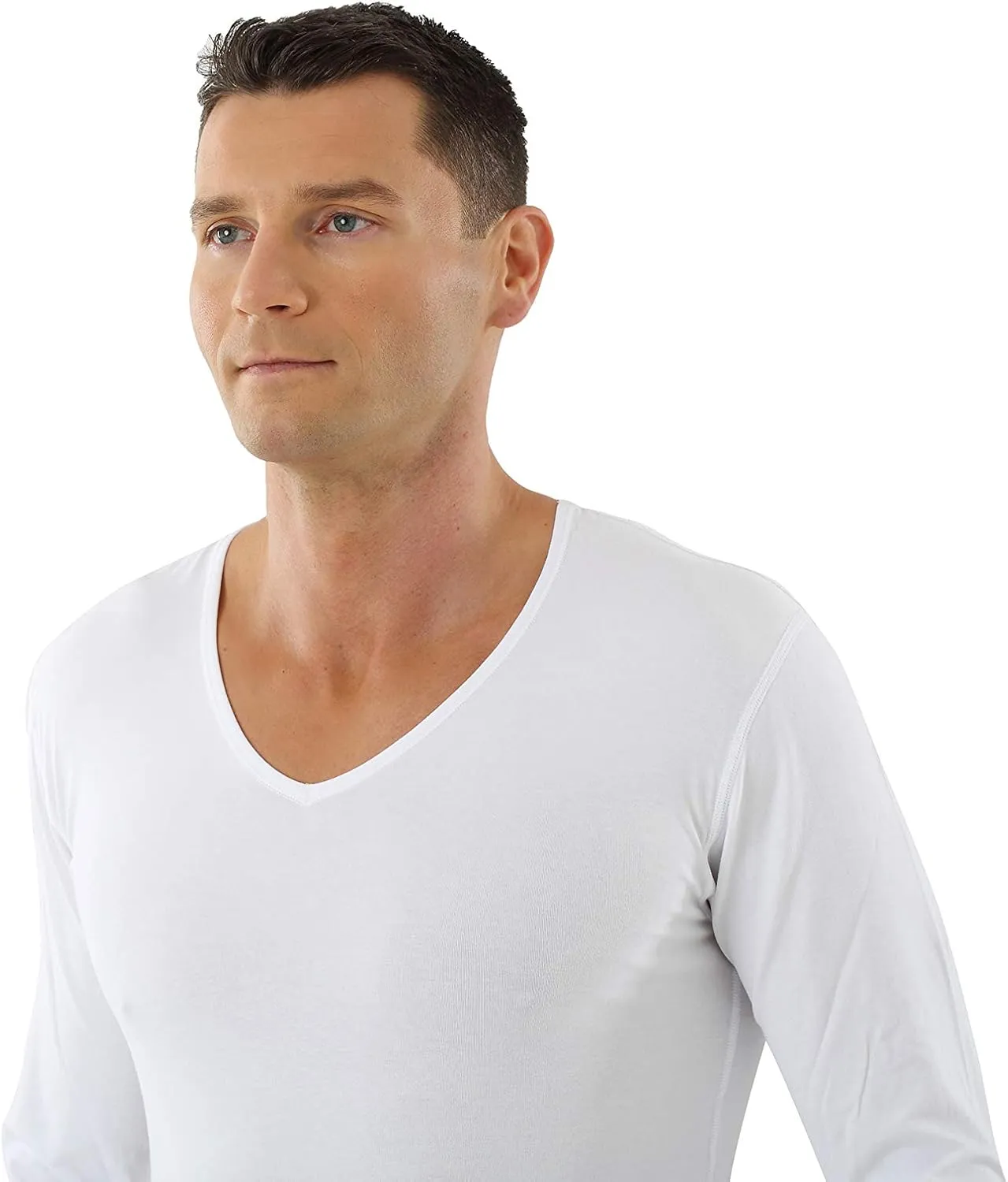 Men's Longsleeve Undershirt Organic Stretch Cotton v-Neck White
