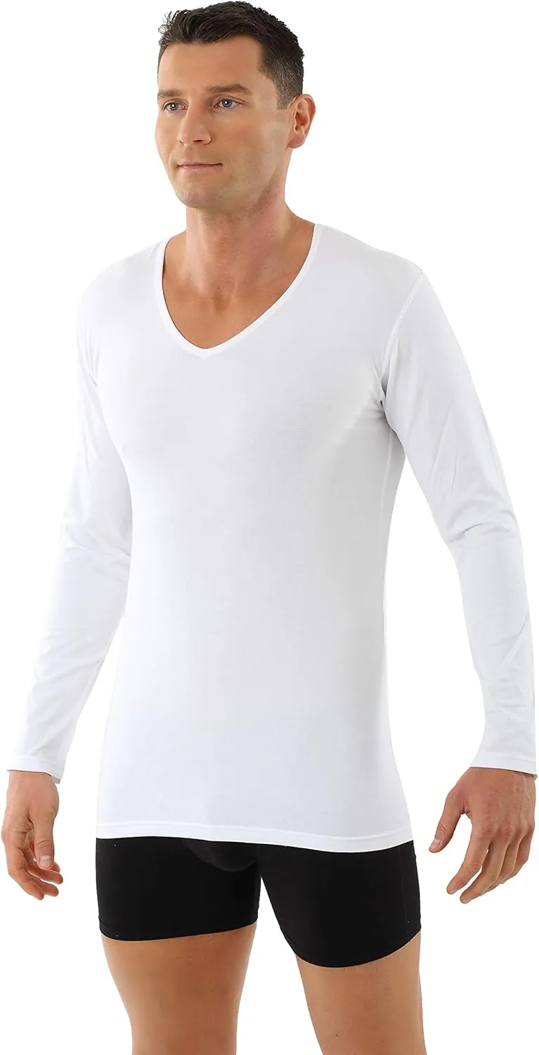 Men's Longsleeve Undershirt Organic Stretch Cotton v-Neck White