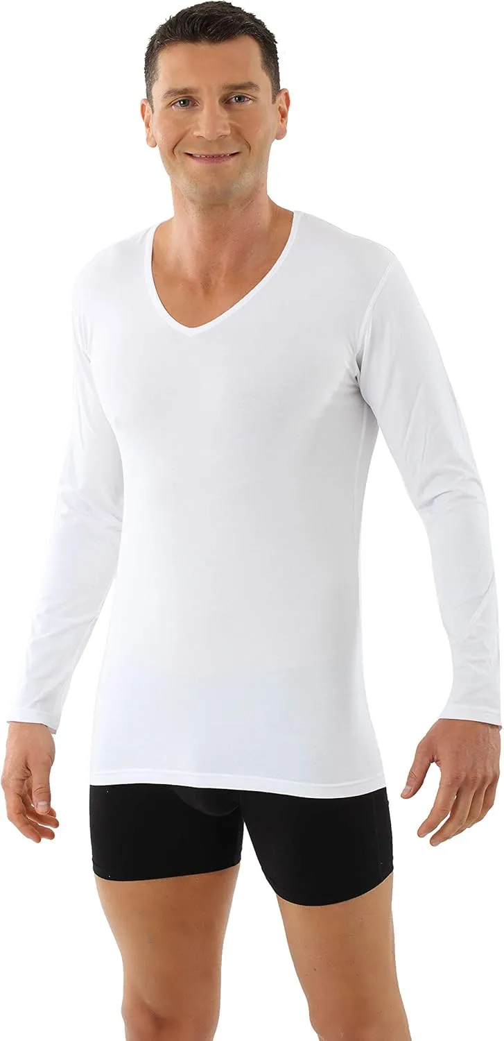 Men's Longsleeve Undershirt Organic Stretch Cotton v-Neck White