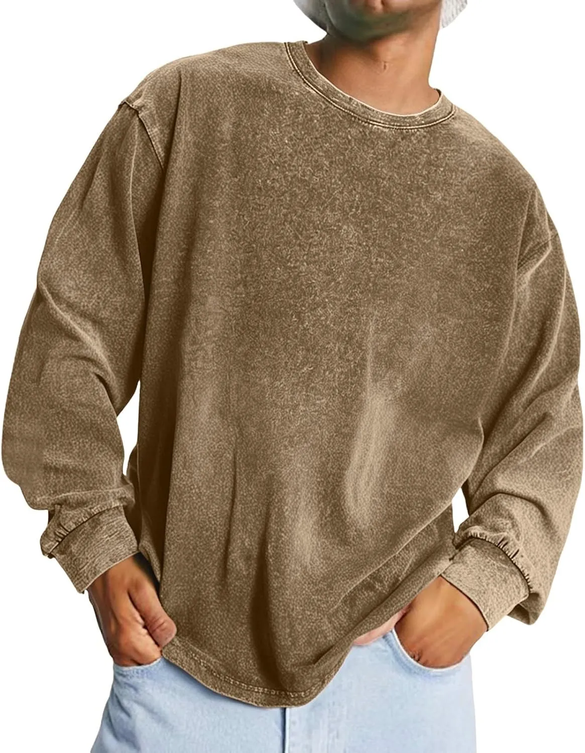 Mens Oversized Vintage Sweatshirts Distressed Casual Long Sleeve Drop Shoulder Crewneck Pullover Hip Hop Streetwear
