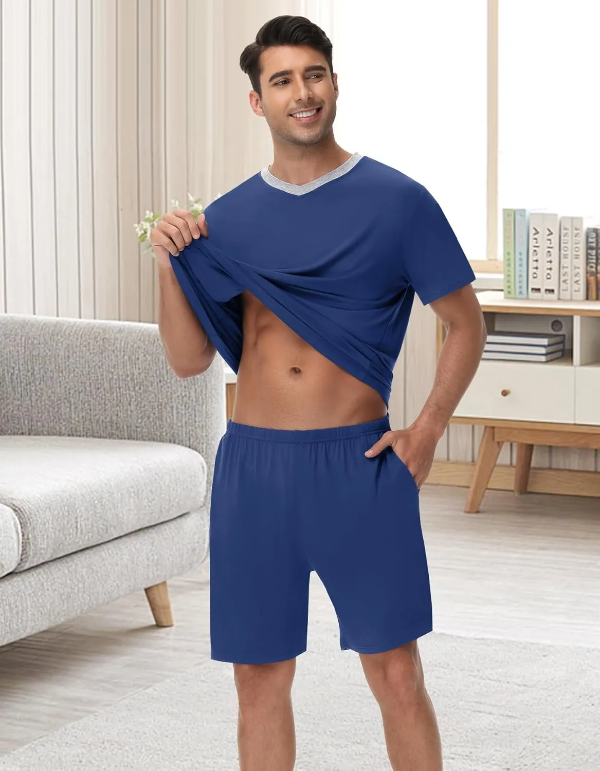 Mens Pajama Set Short Sleeve Sleepwear Summer Lightweight Pjs Set 2 Piece Comfy V-Neck Nightwear With Pockets S-3XL