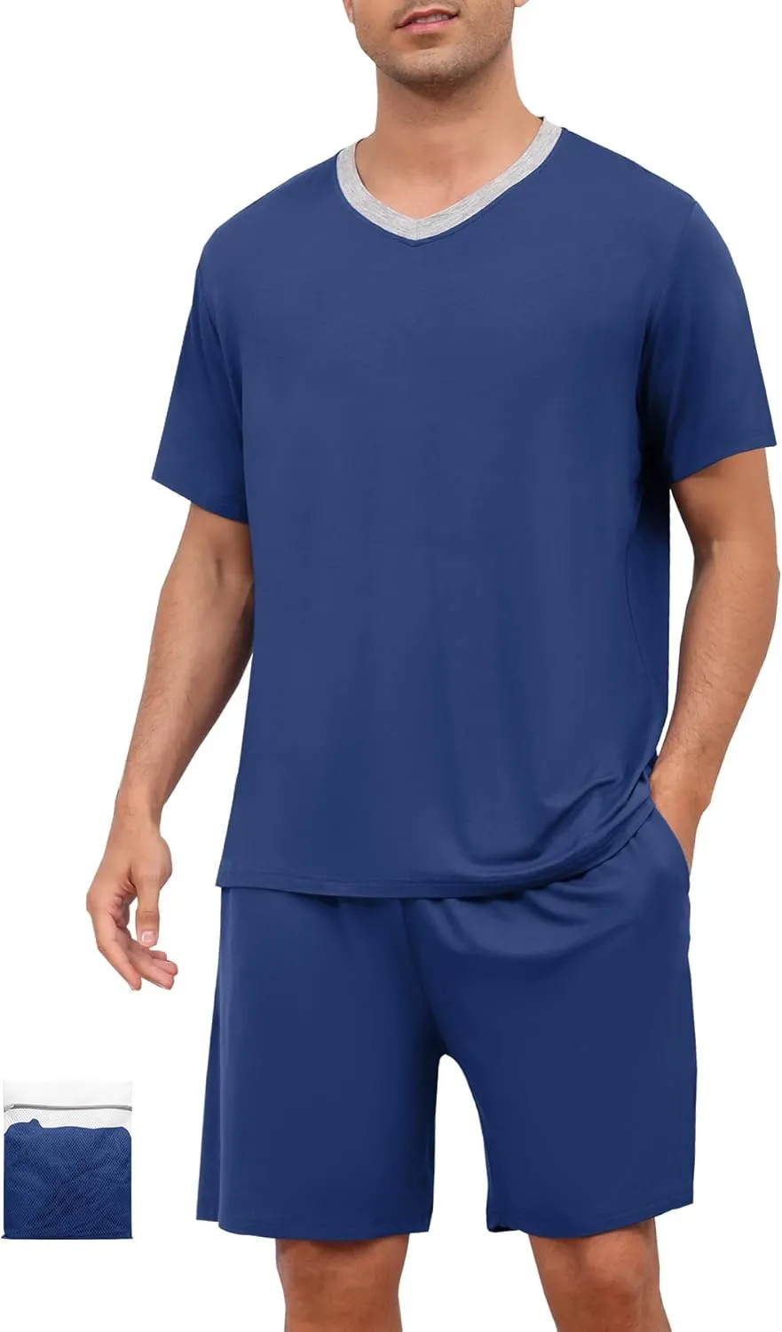 Mens Pajama Set Short Sleeve Sleepwear Summer Lightweight Pjs Set 2 Piece Comfy V-Neck Nightwear With Pockets S-3XL