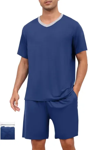 Mens Pajama Set Short Sleeve Sleepwear Summer Lightweight Pjs Set 2 Piece Comfy V-Neck Nightwear With Pockets S-3XL