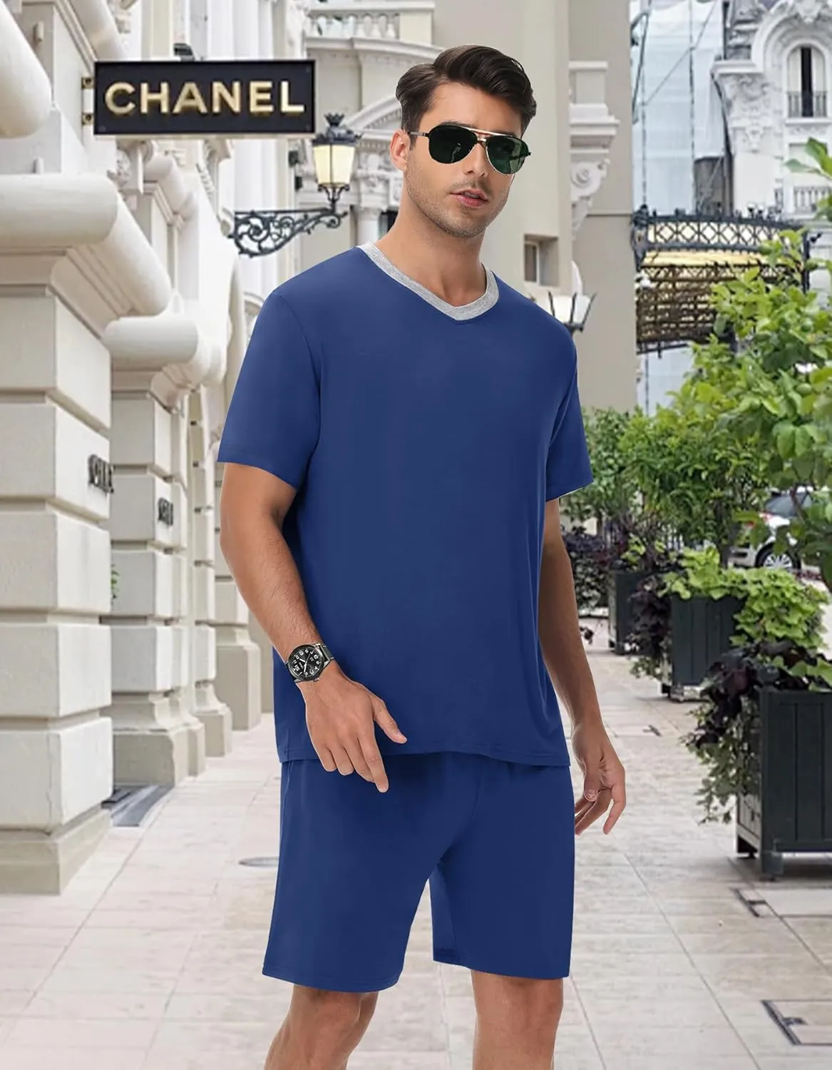 Mens Pajama Set Short Sleeve Sleepwear Summer Lightweight Pjs Set 2 Piece Comfy V-Neck Nightwear With Pockets S-3XL