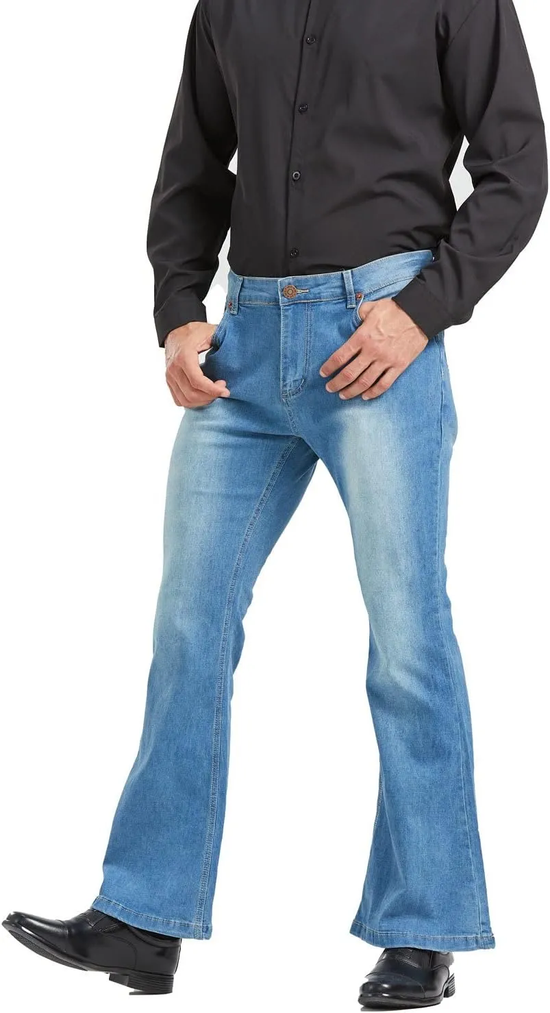 Men's Relaxed Vintage 60s 70s Bell Bottom Stretch Fit Classic Comfort Flared Flares Retro Leg Disco Denim Jeans Pants