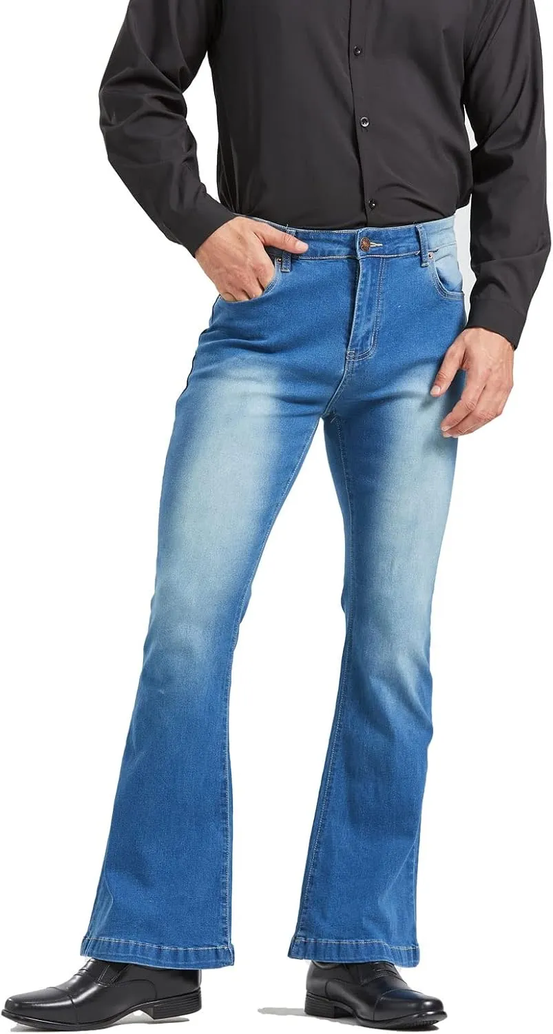 Men's Relaxed Vintage 60s 70s Bell Bottom Stretch Fit Classic Comfort Flared Flares Retro Leg Disco Denim Jeans Pants
