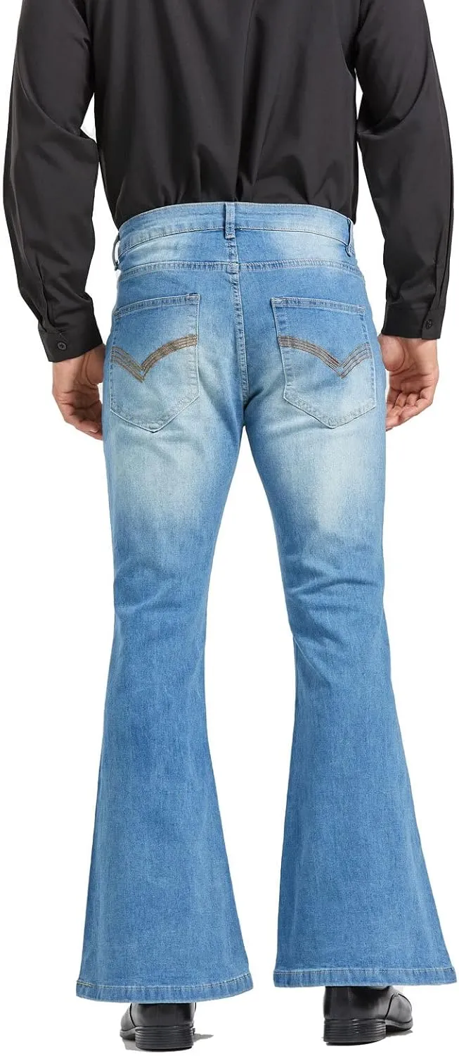 Men's Relaxed Vintage 60s 70s Bell Bottom Stretch Fit Classic Comfort Flared Flares Retro Leg Disco Denim Jeans Pants