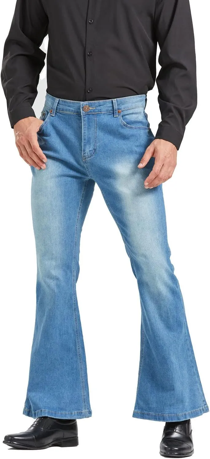 Men's Relaxed Vintage 60s 70s Bell Bottom Stretch Fit Classic Comfort Flared Flares Retro Leg Disco Denim Jeans Pants
