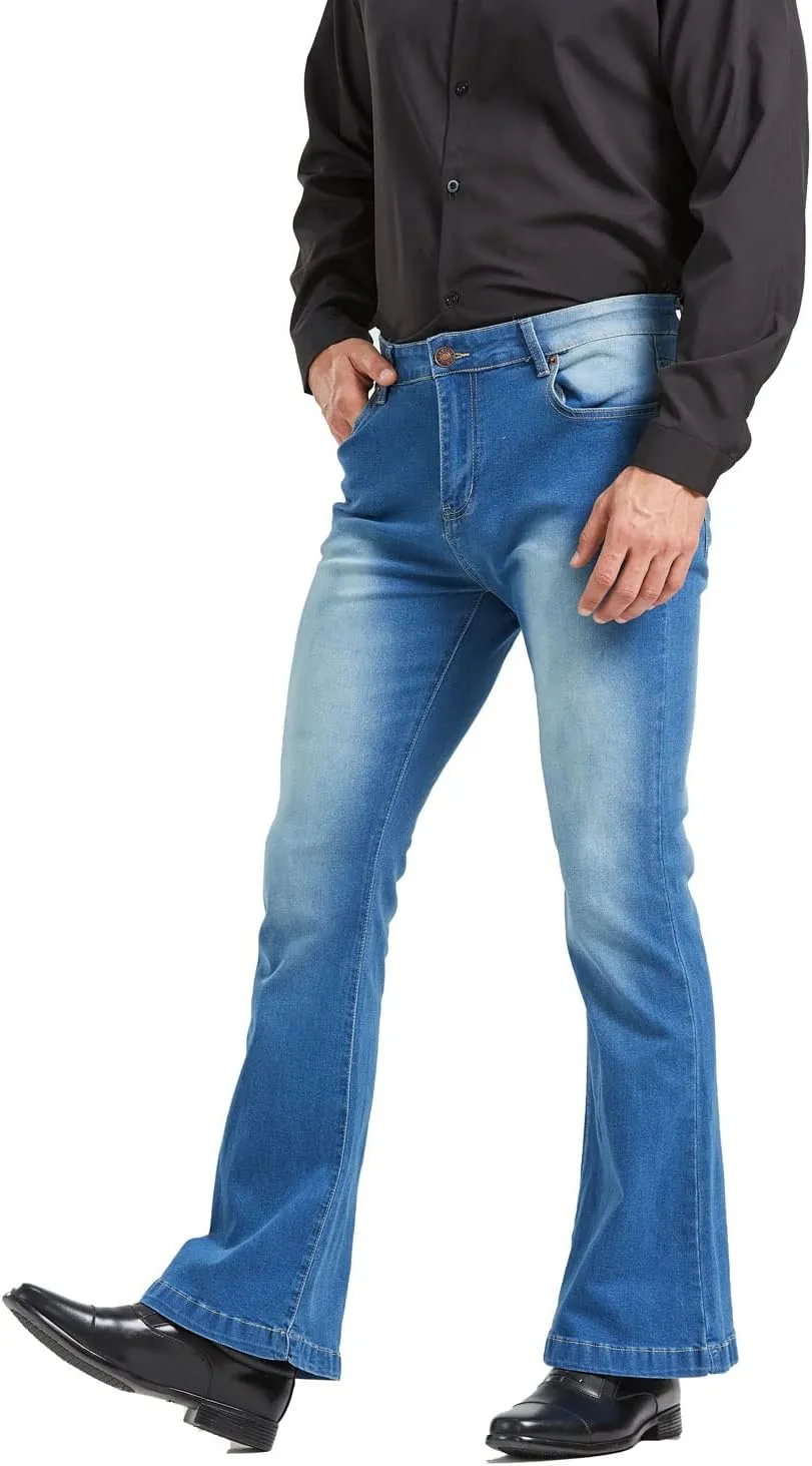 Men's Relaxed Vintage 60s 70s Bell Bottom Stretch Fit Classic Comfort Flared Flares Retro Leg Disco Denim Jeans Pants