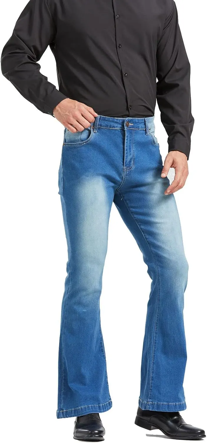 Men's Relaxed Vintage 60s 70s Bell Bottom Stretch Fit Classic Comfort Flared Flares Retro Leg Disco Denim Jeans Pants