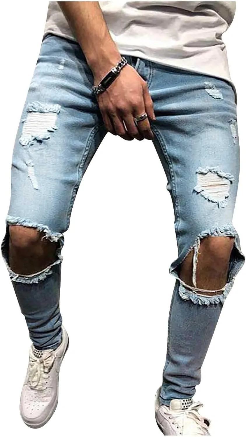 Mens Ripped Jeans Slim Fit Shiny Jean High Waist Stretch Jeans Casual Denim Pants Comfortable Streetwear Vintage