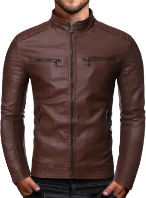 Men's Stand Collar Faux Leather Jacket Casual Zip Up Leather Biker Outwear Solid Color Slim Punk Motorcycle Jacket