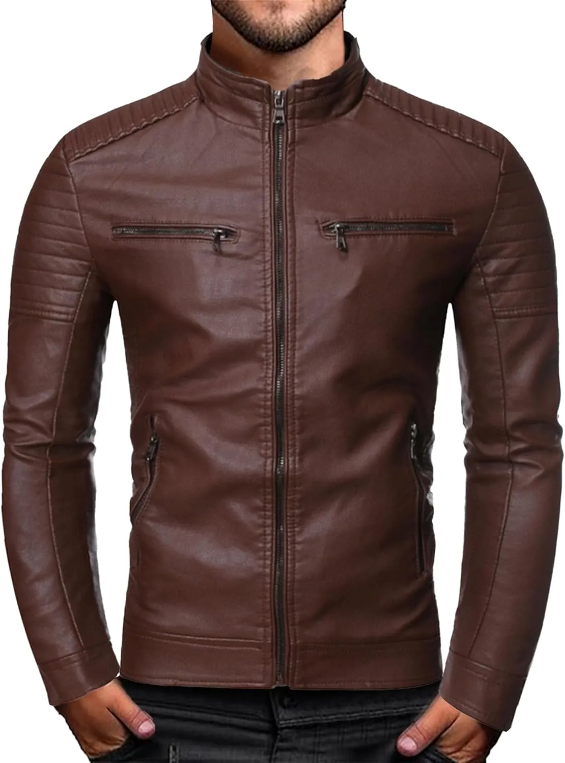 Men's Stand Collar Faux Leather Jacket Casual Zip Up Leather Biker Outwear Solid Color Slim Punk Motorcycle Jacket