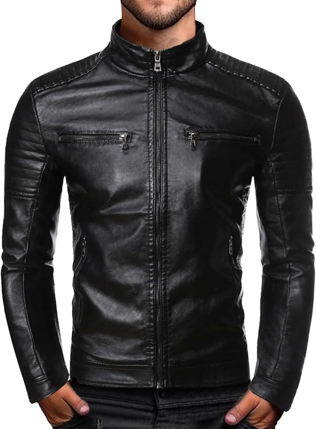 Men's Stand Collar Faux Leather Jacket Casual Zip Up Leather Biker Outwear Solid Color Slim Punk Motorcycle Jacket