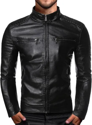 Men's Stand Collar Faux Leather Jacket Casual Zip Up Leather Biker Outwear Solid Color Slim Punk Motorcycle Jacket