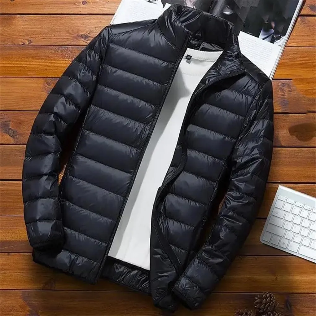 Mens Thin Lightweight Cotton-Padded Short Puffer Jacket Winter Stand Collar Mens Coat For Snow Ski Hiking