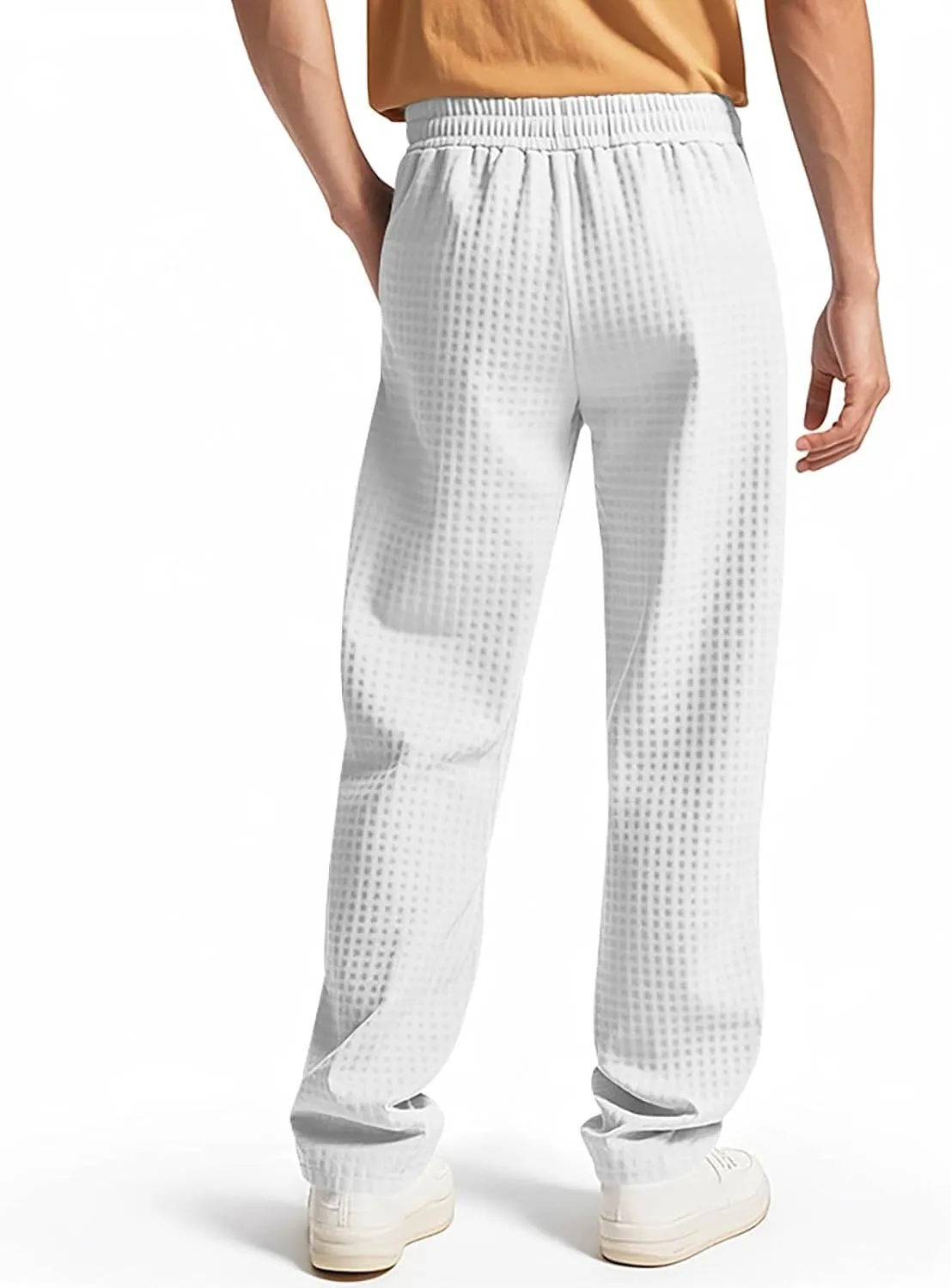 Men's Waffle Pants Textured Dress Slacks Summer Straight Leg Flat Front Sweatpants Drawstring Waist Loose Fit Trouser