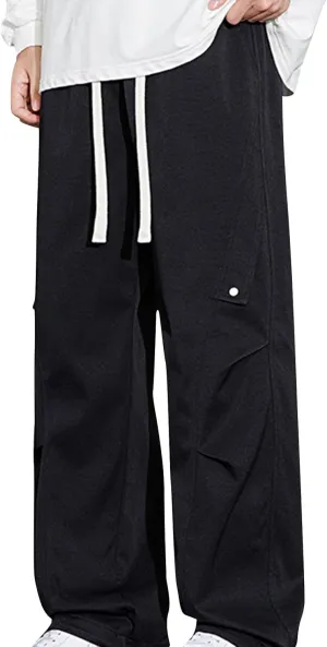 Mens Wide Leg Pants Trendy Loose Fit Casual Pant Plus Size Drawstring Waist Slacks Summer Fashion Trouser with Pocket