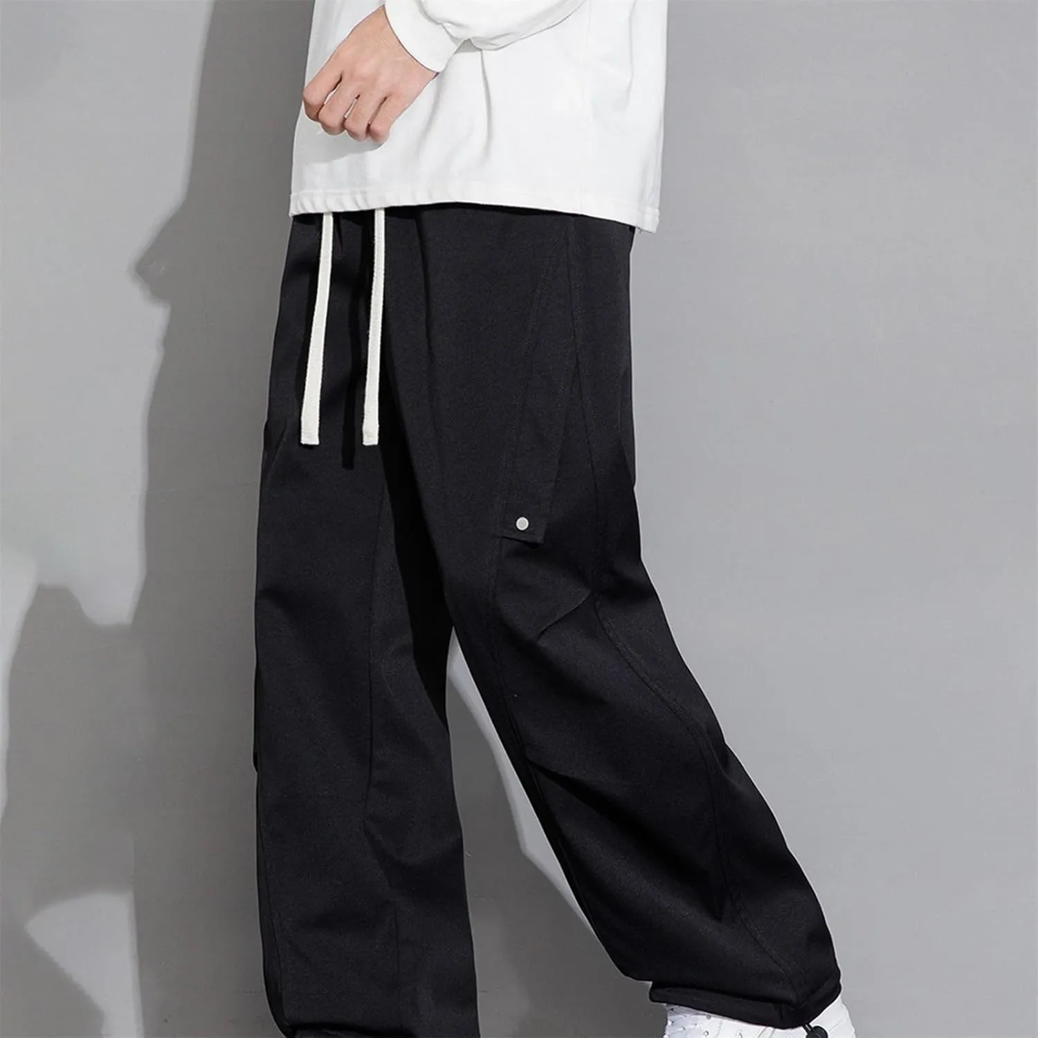 Mens Wide Leg Pants Trendy Loose Fit Casual Pant Plus Size Drawstring Waist Slacks Summer Fashion Trouser with Pocket