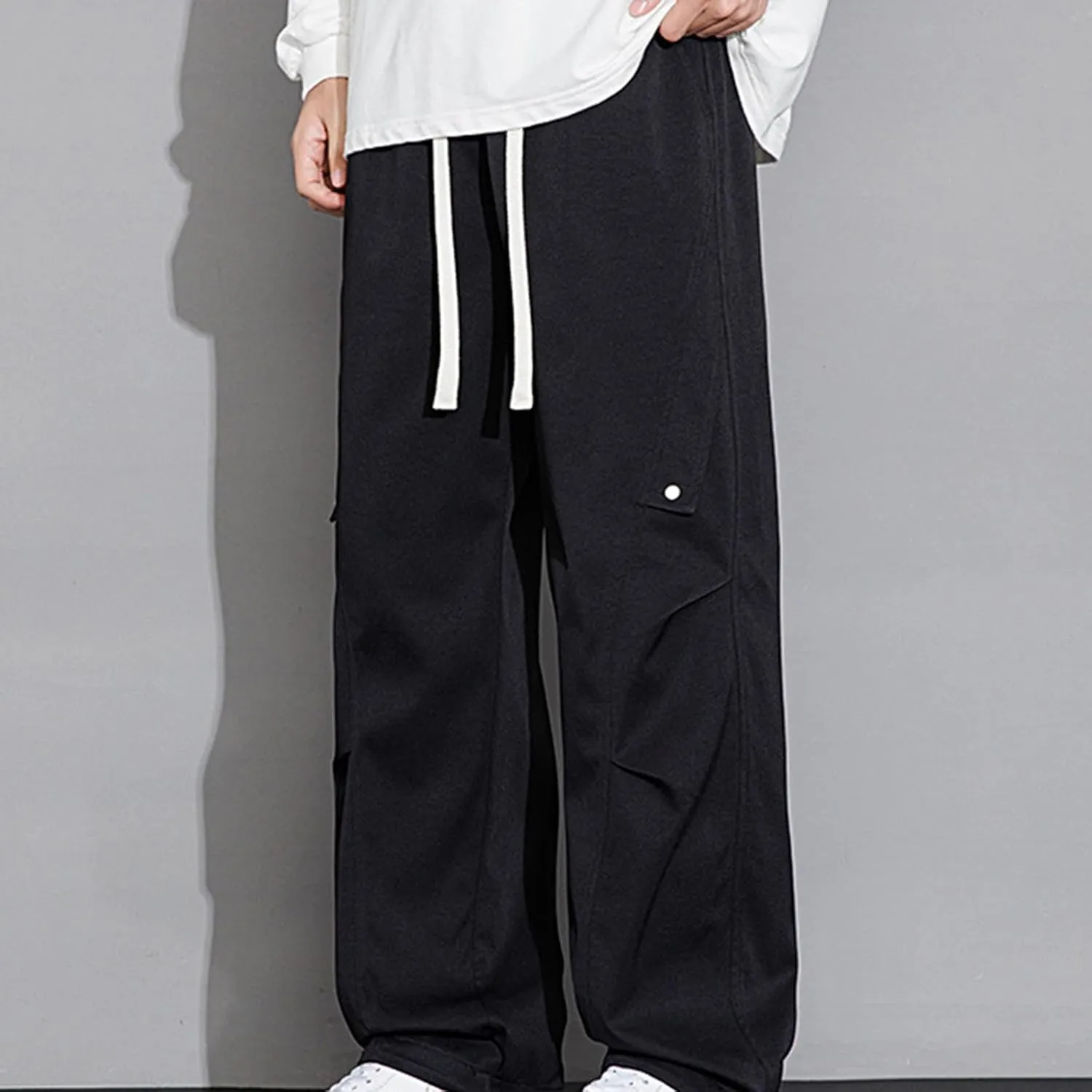 Mens Wide Leg Pants Trendy Loose Fit Casual Pant Plus Size Drawstring Waist Slacks Summer Fashion Trouser with Pocket