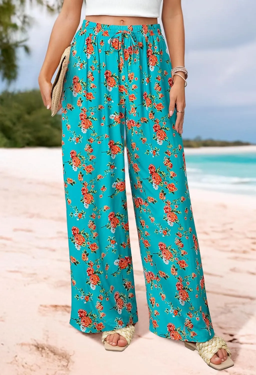 MEROKEETY Women's Striped Floral Wide Leg Pants Drawstring Elastic High Waist Casual Pants with Pockets