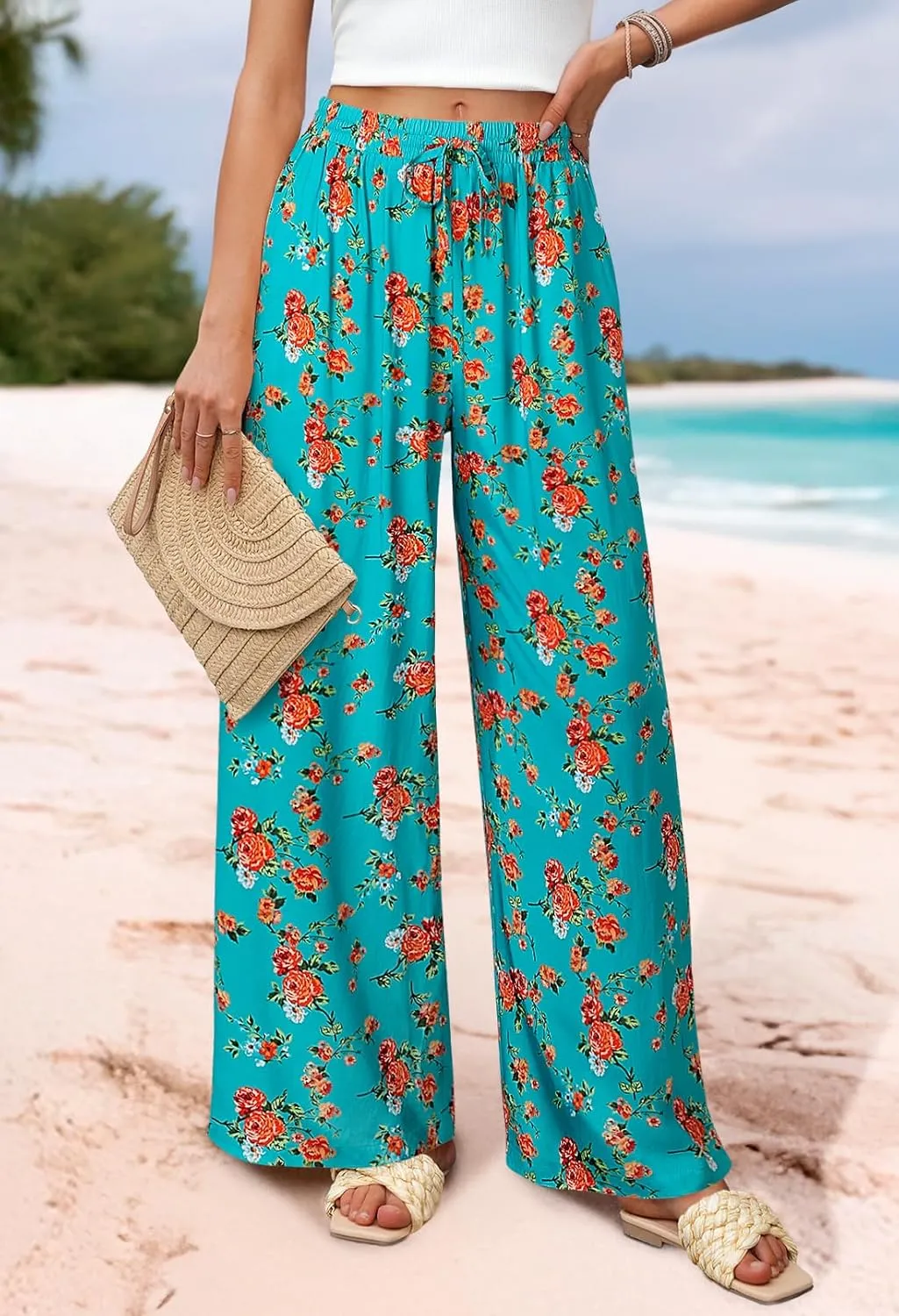MEROKEETY Women's Striped Floral Wide Leg Pants Drawstring Elastic High Waist Casual Pants with Pockets