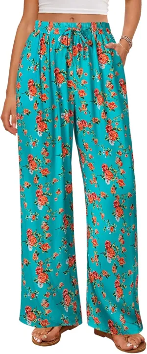 MEROKEETY Women's Striped Floral Wide Leg Pants Drawstring Elastic High Waist Casual Pants with Pockets