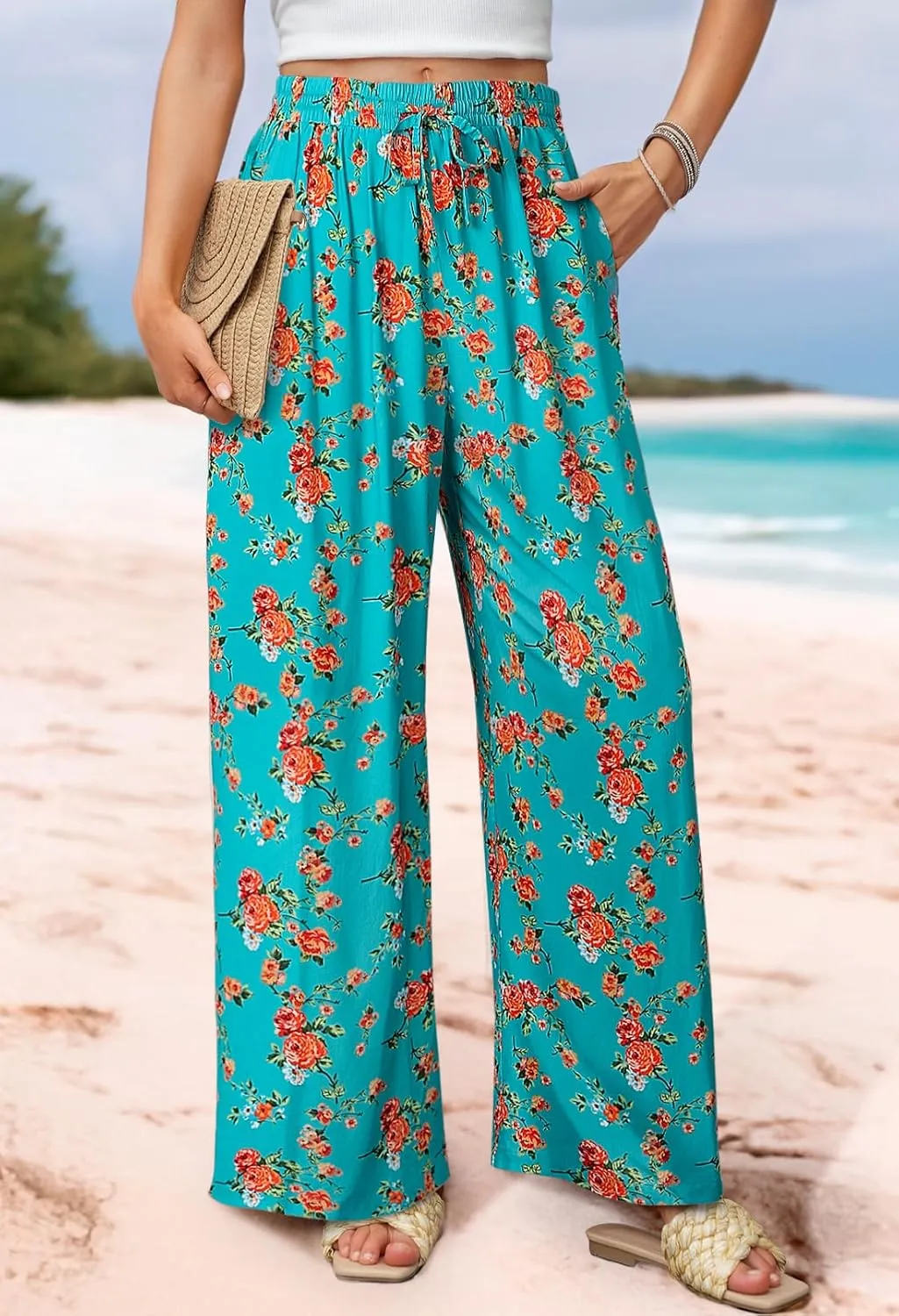 MEROKEETY Women's Striped Floral Wide Leg Pants Drawstring Elastic High Waist Casual Pants with Pockets